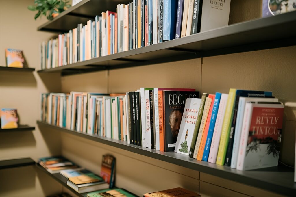 A cozy and aesthetically pleasing photo of a bookshelf filled to the brim with a diverse collection of books