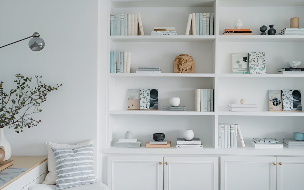 A serene and aesthetic photo of a beautifully decorated modern bookshelf with modern novels