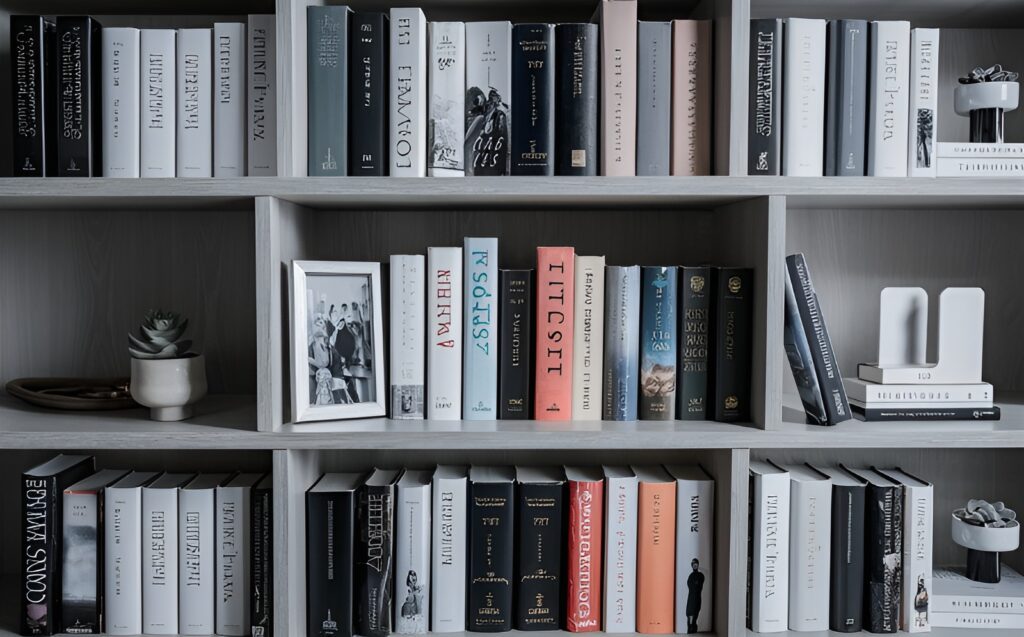 A stunning photo of a meticulously arranged modern bookshelf