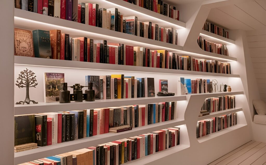 A stunning photograph of a meticulously designed modern bookshelf