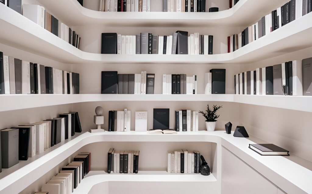 A stunningly minimalist and modern photo of a meticulously organized bookshel