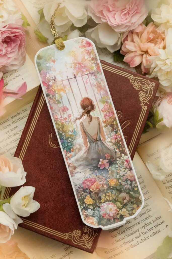 A beautifully illustrated bookmark depicting a young woman surrounded by lush, vibrant flowers, with soft, flowing details that create a dreamy and artistic feel