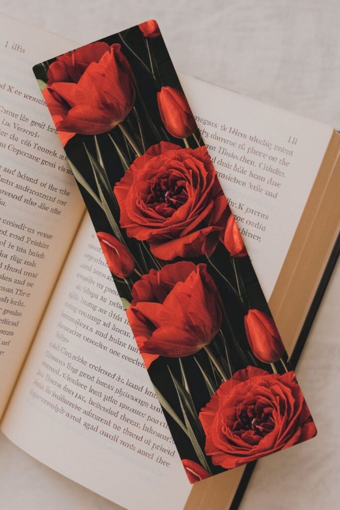 A bold and eye-catching bookmark showcasing deep red flowers like roses, poppies, or tulips, set against a dark or neutral background for a passionate and striking look