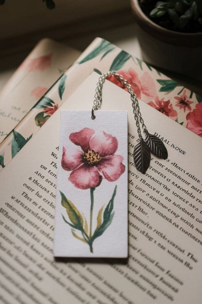 A bookmark with a hand-drawn flower design in pastel colors, attached to a thin gold chain, placed on an open book