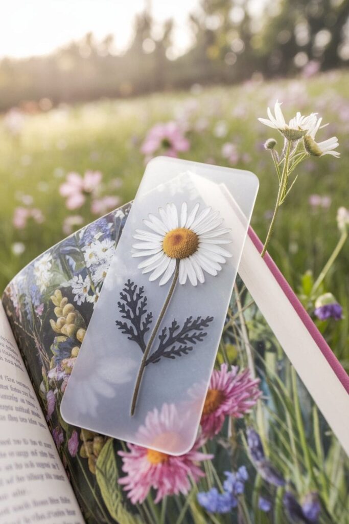 A delicate pressed flower bookmark featuring a lavender sprig, placed on an open book