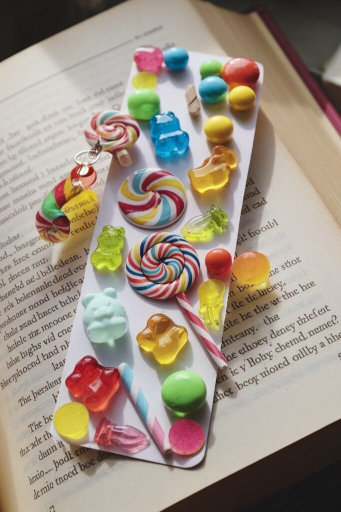 A fun and colorful bookmark decorated with candy-themed stickers, bright patterns, and a small plastic candy charm, creating a playful and sweet design