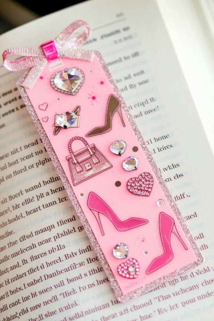 A glamorous pink bookmark featuring metallic details, rhinestones, and Barbie-themed charms, creating a nostalgic and stylish accessory for book lovers