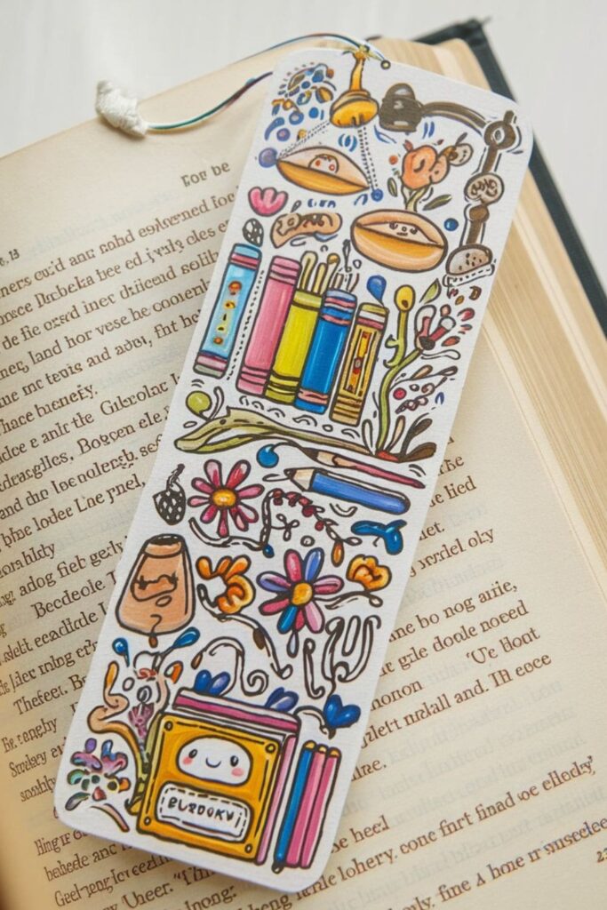 A hand-painted bookmark with watercolor splashes and intricate doodles, featuring floral patterns and abstract designs for a creative and artistic look