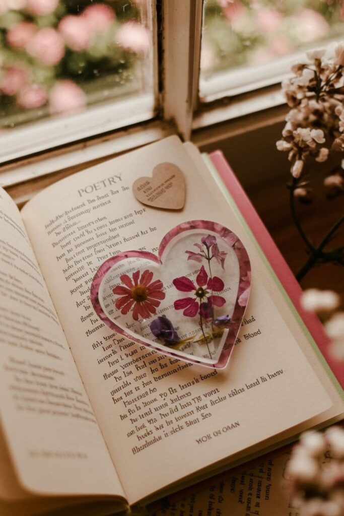A heart-shaped bookmark with a pressed daisy, placed on an open book with a romantic cover
