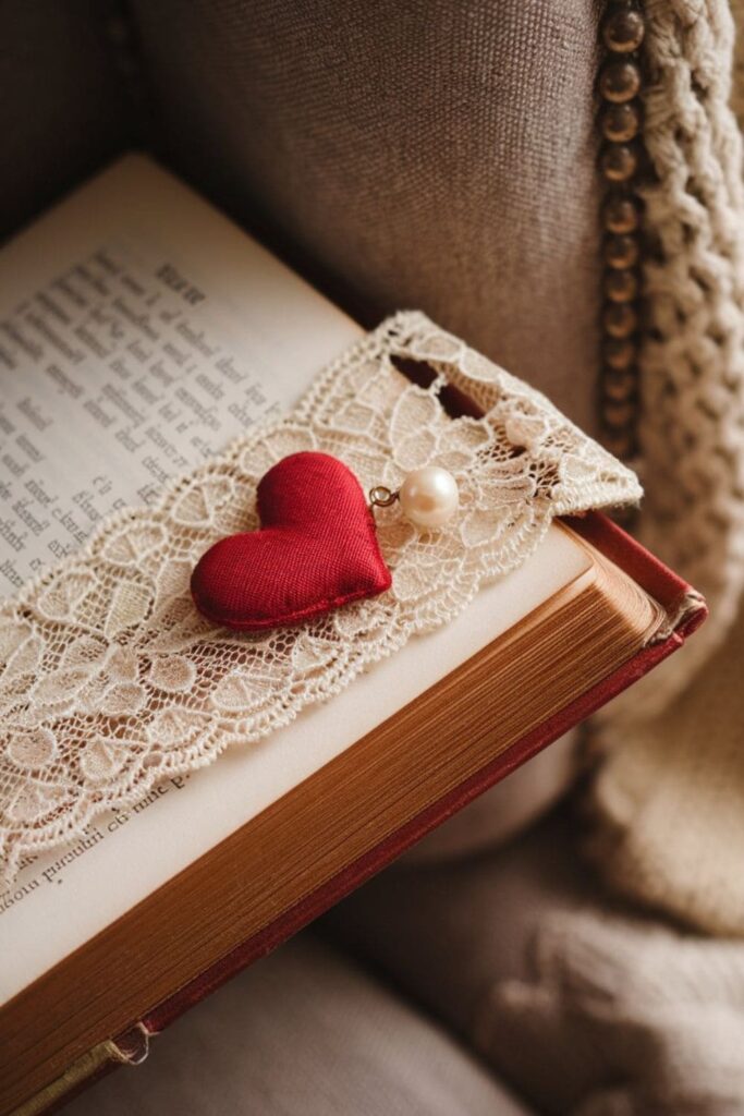 A lace bookmark with a fabric heart and pearl charm, placed on an open vintage book