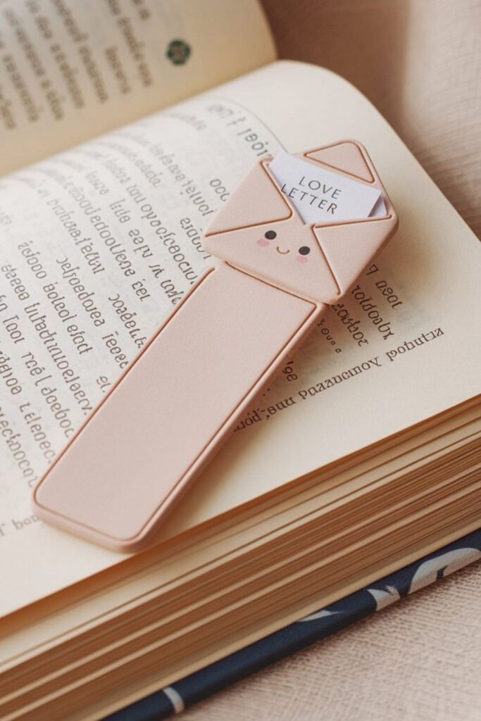 A love letter bookmark made of parchment paper, sealed with a red wax stamp, resting on an open romance novel