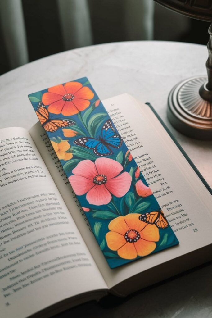 A magical bookmark design combining glowing enchanted flowers, fluttering fairies, and whimsical elements, creating an ethereal and fantasy-inspired aesthetic