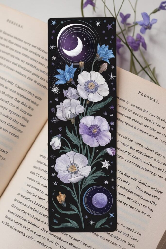 A mesmerizing bookmark that blends celestial elements like stars, moons, and galaxies with delicate floral illustrations, creating a fusion of cosmic beauty and nature