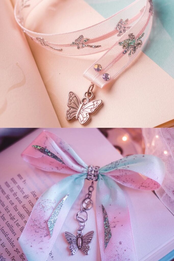 A pastel-colored ribbon bookmark with a small butterfly charm at the end, featuring delicate glittery accents and metallic details for a whimsical and feminine look