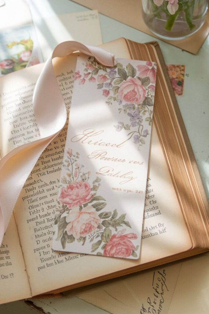 A photorealistic image of a paper flower bookmark with a woven ribbon, marking a page in a hardcover book on a wooden table