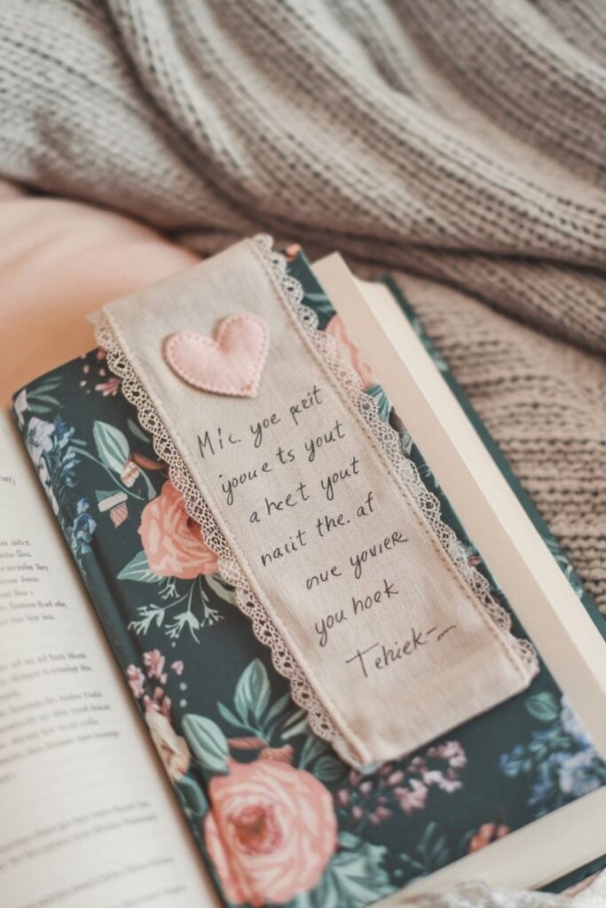A fabric bookmark embroidered with a tiny heart, placed on an open romance novel