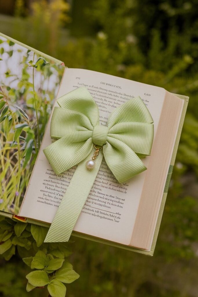 A pistachio green ribbon bookmark with a small pearl charm, placed on an open book with a nature-themed cover