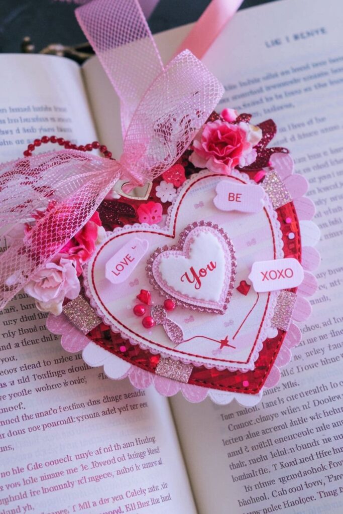 A romantic bookmark shaped like a heart, decorated with soft pinks, reds, lace details, and tiny love notes, perfect for Valentine's Day
