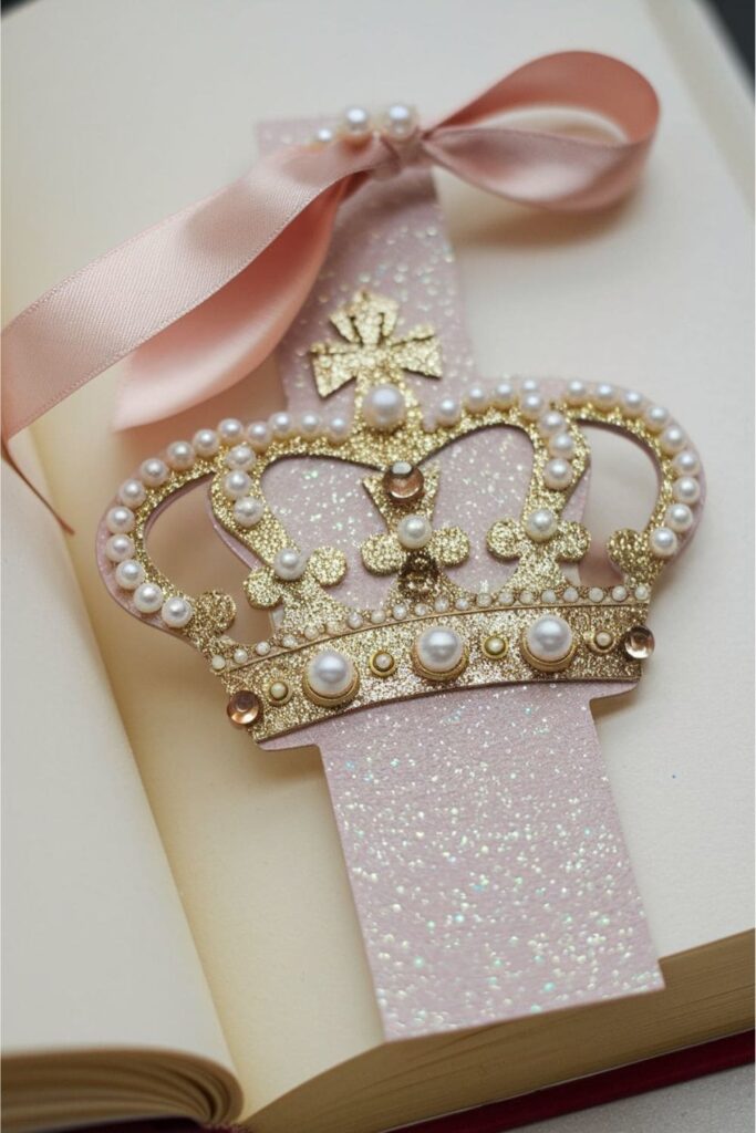 A royal-inspired bookmark shaped like a tiara, made of glittery cardstock and decorated with pearls, rhinestones, and a silky ribbon for a regal touch