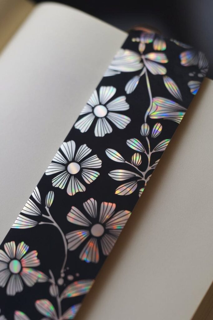 A sleek bookmark featuring floral patterns infused with metallic elements in silver, bronze, or holographic finishes, reflecting light beautifully for a modern and stylish effect