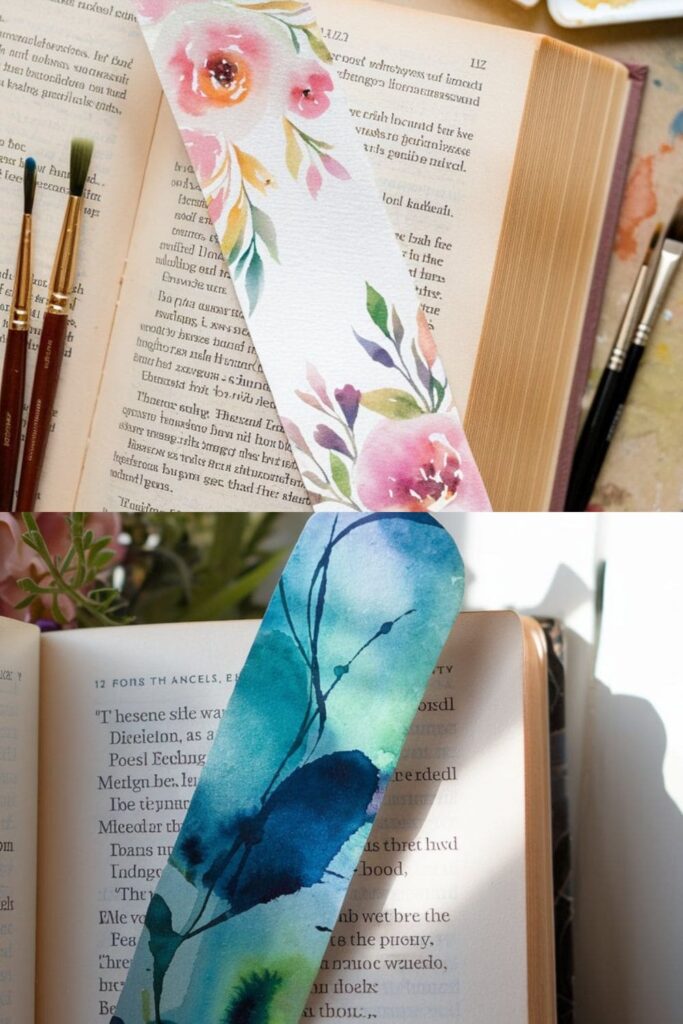 A soft pastel watercolor bookmark with floral designs, placed on an open book with creamy pages