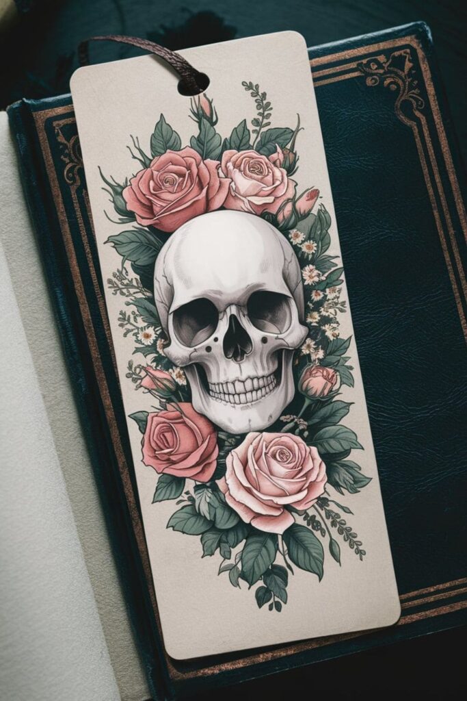 A striking bookmark showcasing a detailed skull entwined with blooming roses and wildflowers, blending gothic and floral aesthetics for a bold yet romantic look