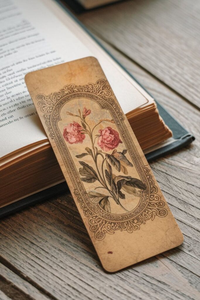 A timeless bookmark with an ornate floral frame inspired by antique botanical prints, featuring intricate borders and a slightly aged parchment-style background for a nostalgic charm