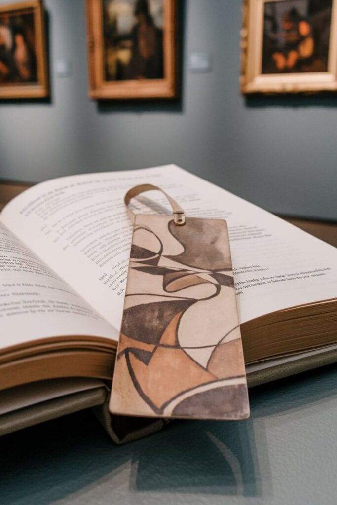 A vintage abstract art bookmark with muted tones, placed on an open book with a modern cover. The background shows an art gallery with framed paintings