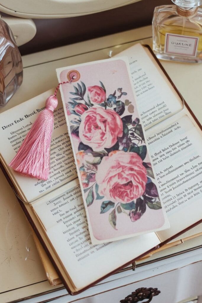 A vintage floral postcard bookmark with soft pastel tones and intricate flower patterns, placed on an open book with creamy pages