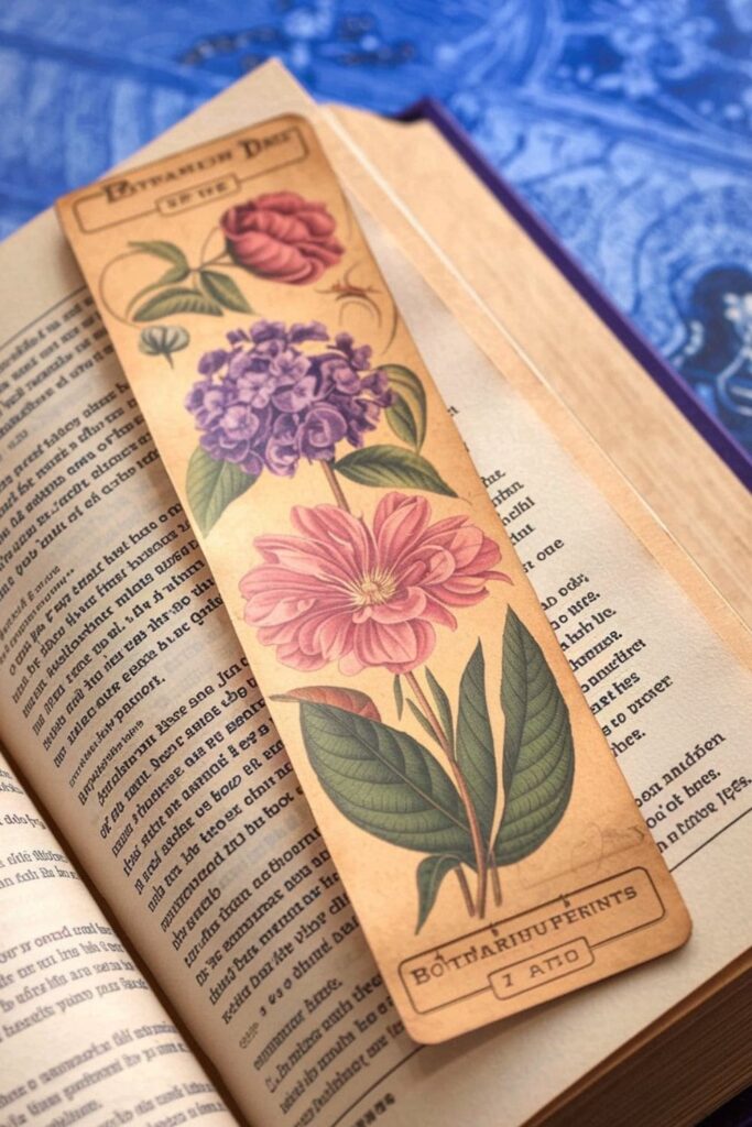 A vintage-inspired bookmark displaying highly detailed botanical illustrations of flowers, leaves, and plants, resembling classic herbarium prints with a scientific yet artistic touch