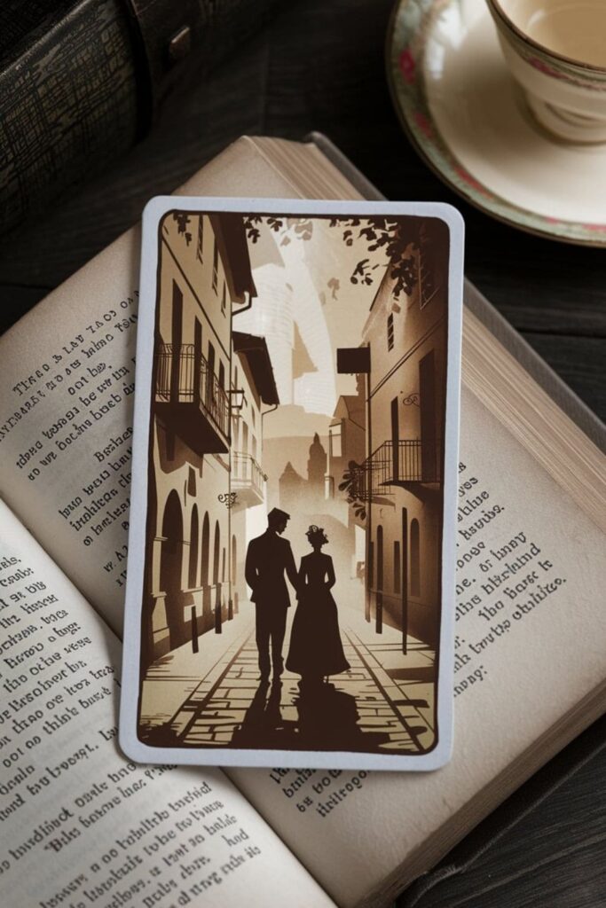 A vintage postcard bookmark with a floral design, placed on an open book with aged pages