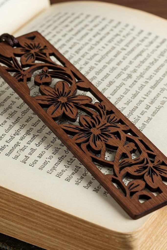 A wooden bookmark with a laser-cut floral design, placed on an open book with a nature-themed cover