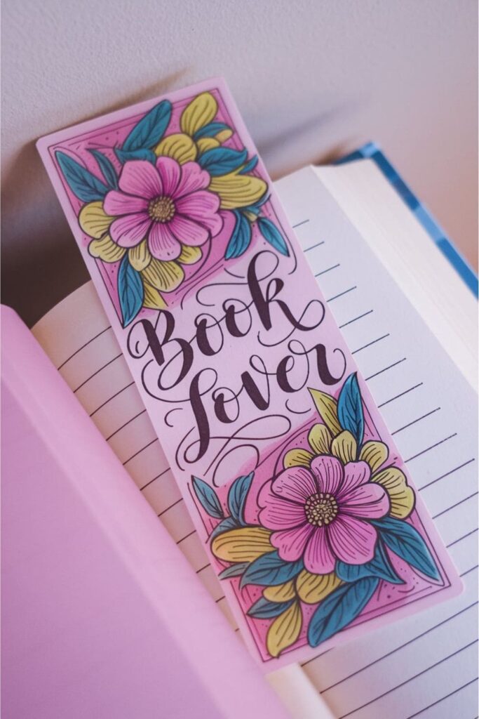 An elegant bookmark featuring intricate floral patterns intertwined with stylish calligraphy, displaying an inspiring quote or a meaningful word in a delicate, artistic layout
